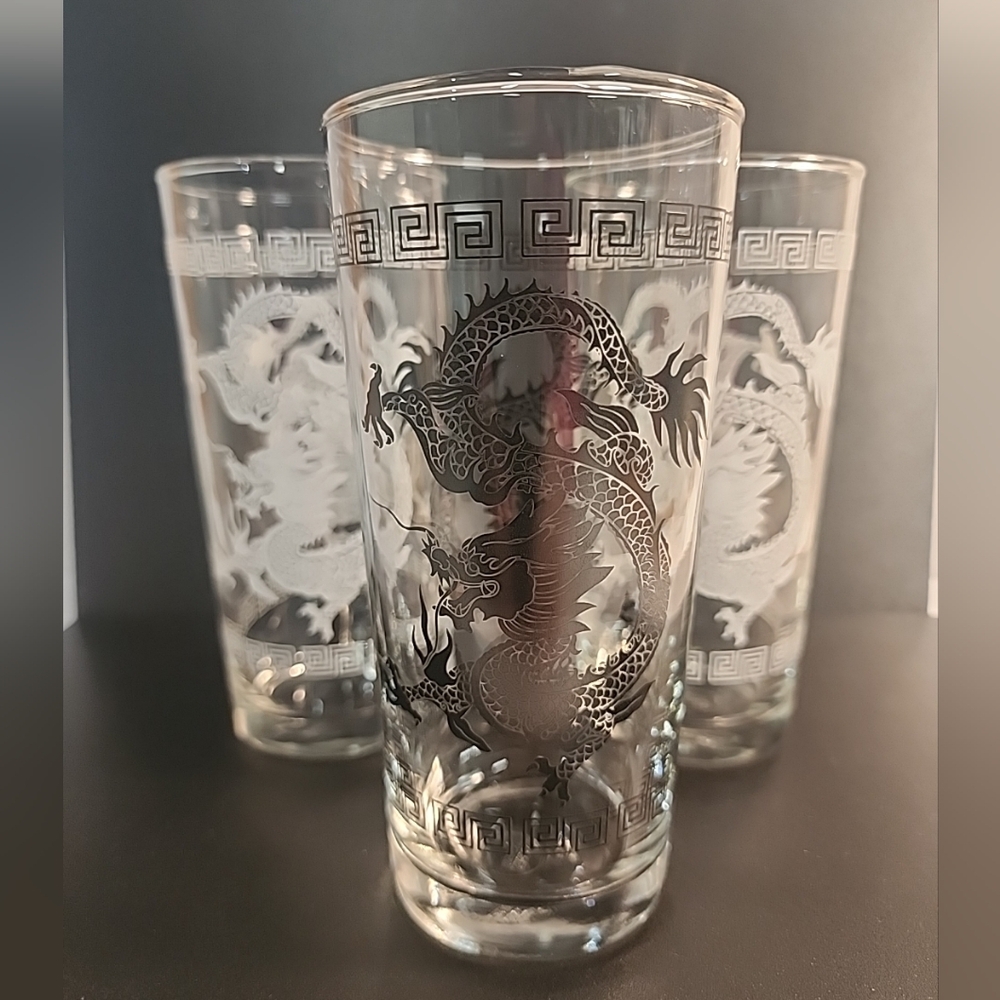 Torre & Tagus Dragon Hiball Drinking Glasses Greek Key Vintage 10oz Thailand